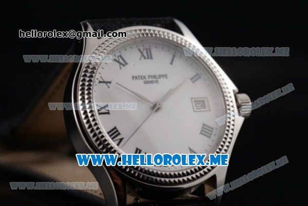 Patek Philippe Calatrava Miyota 9015 Automatic Steel Case with Black Leather Strap White Dial and Roman Numeral Markers - Click Image to Close